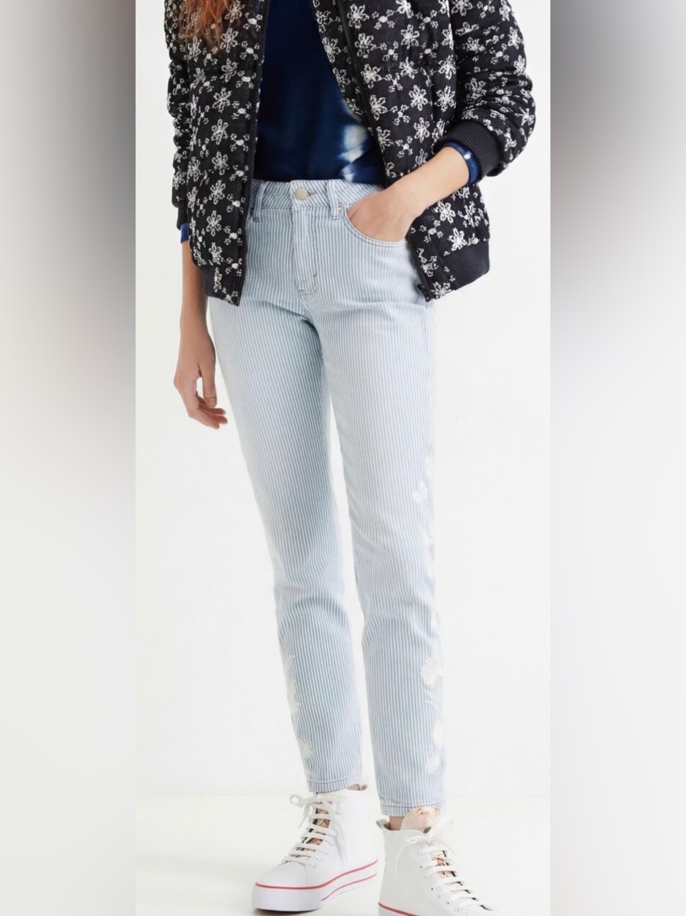 Desigual Striped Jean with Floral Embroidery, EU sz 34 / US sz 0